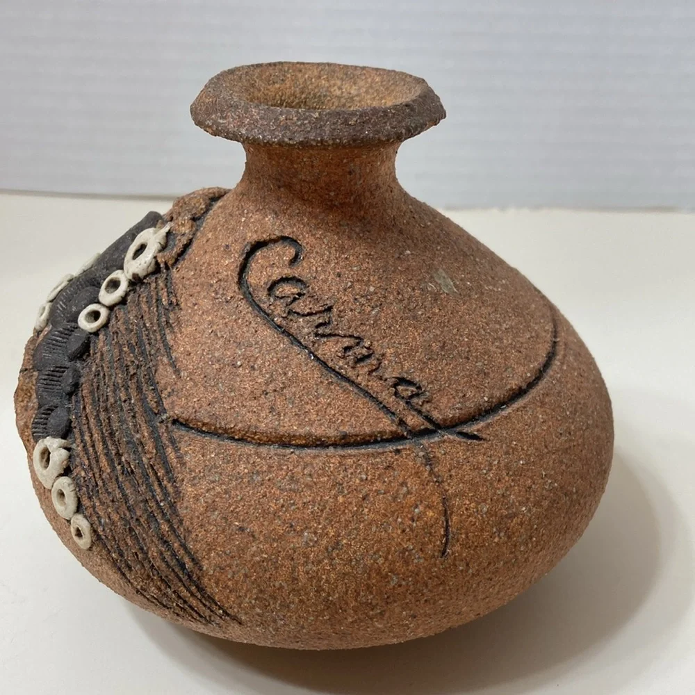 Vintage 1980 SJT Carma Sand Pottery Lamp Vase Folk Art Hand Made Brown Signed